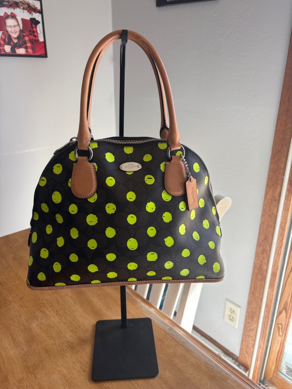 Coach 2014 Brown Dome Satchel with Neon green Polka Dots